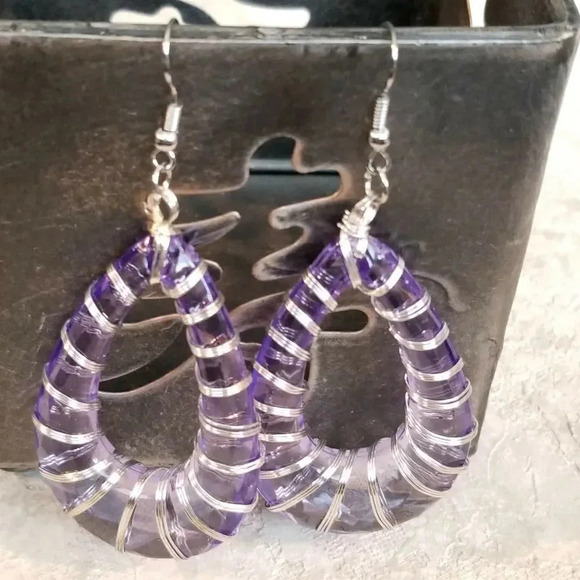 Handcrafted Retro 80s Statement Purple Lucite Open Teardrop Wire Wrap Earrings - Picture 1 of 5
